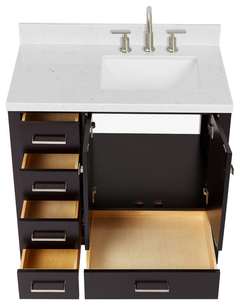 Ariel Cambridge 36" Right  Single Rectangle Sink Vanity, Carrara Quartz, Espresso