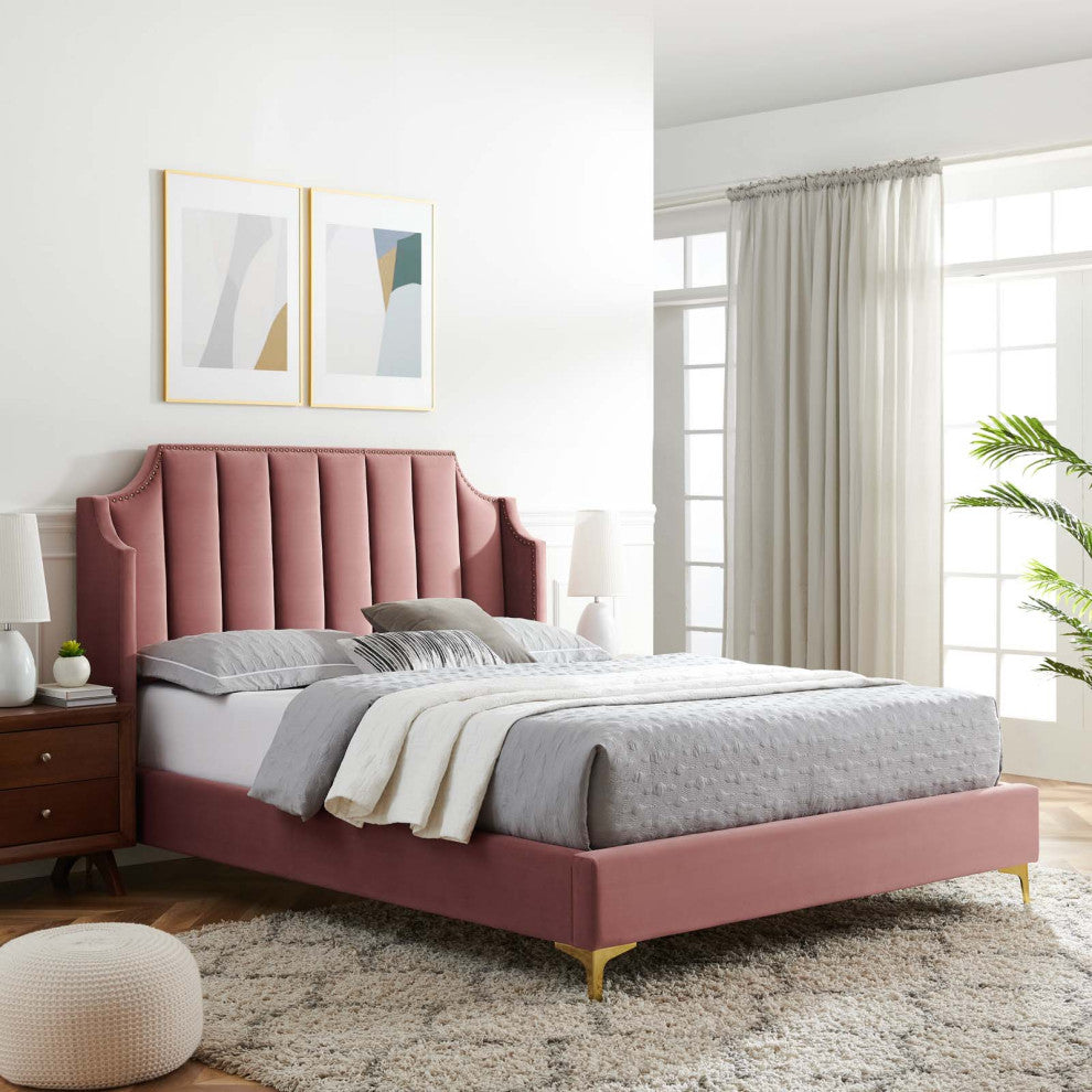 Daniella Performance Velvet Queen Platform Bed Dusty Rose