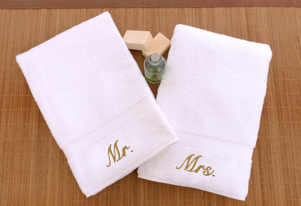 Mr. and Mrs. Hand Towels, Set of 2, White