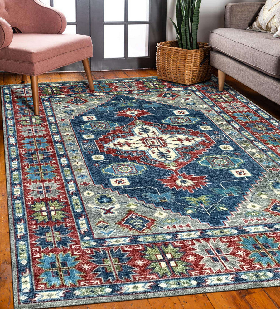 Hand Knotted Wool DENIM BLUE/Red Traditional Classic Serapi Rug, 6'x9'