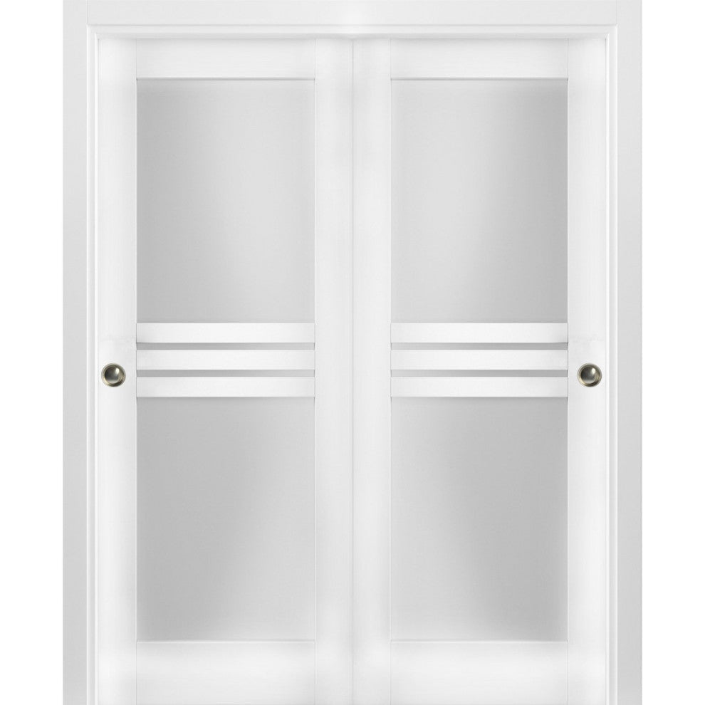 Sliding Glass 4 Lites Bypass Doors / Mela 7222 White Silk / Rails, 36" X 96" ( 2* 18x96)