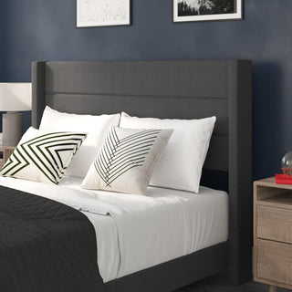 Hollis Upholstered Platform Bed with Wingback Headboard w/Mattress Foundation, Charcoal, Queen