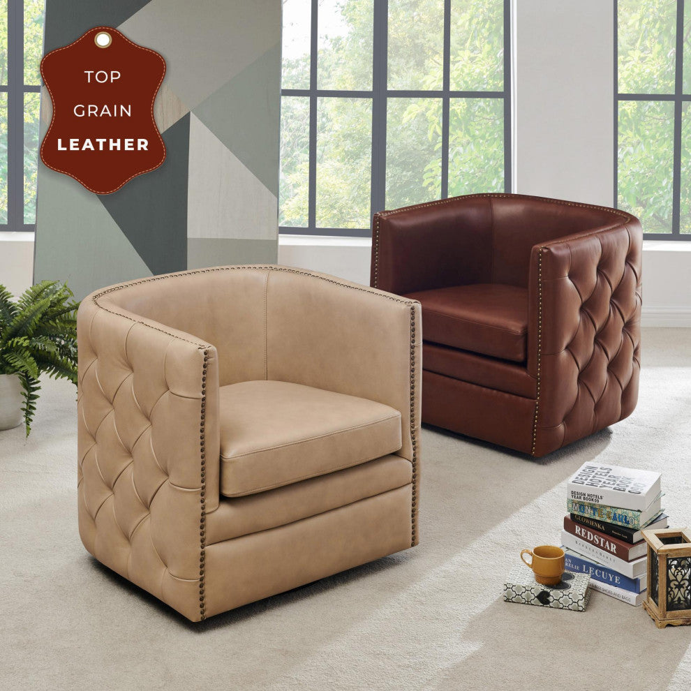 Leslie Swivel Tufted Accent Arm Chair, Garrett Brown, Top Grain Leather