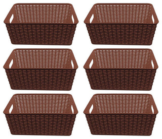 Plastic Rattan Storage Box Basket Organizer, Brown, Medium-Pack of 6