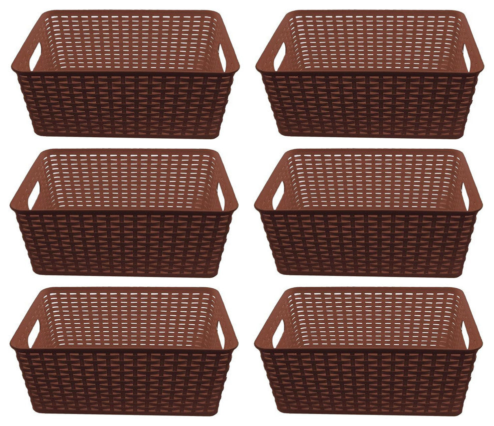 Plastic Rattan Storage Box Basket Organizer, Brown, Medium-Pack of 6
