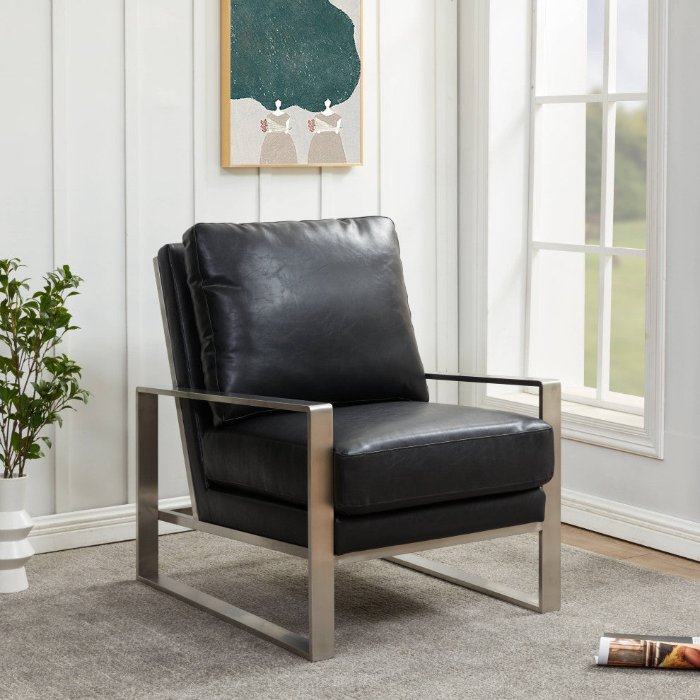 LeisureMod Jefferson Faux Leather Accent Armchair With Silver Frame, Black