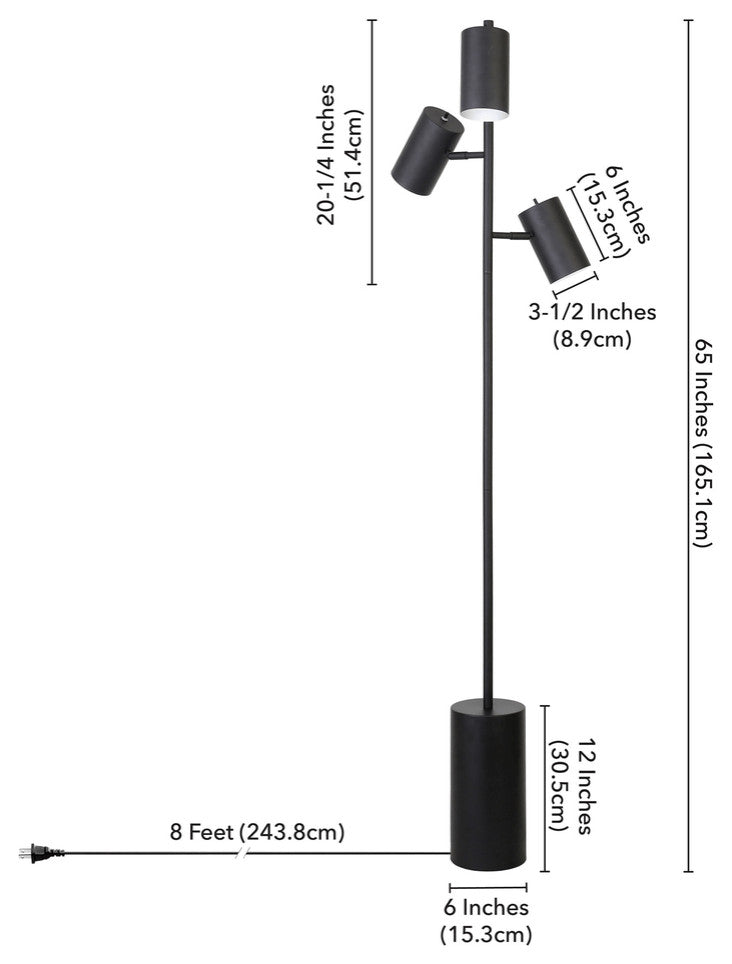 65" Black Three Light Tree Floor Lamp With Black Drum Shade