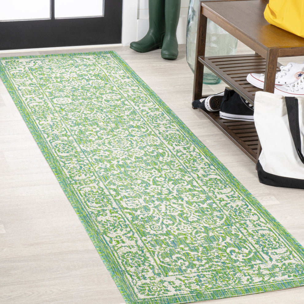 Tela Boho Textured Weave Floral Indoor/Outdoor Rug, Cream/Green, 2 X 8