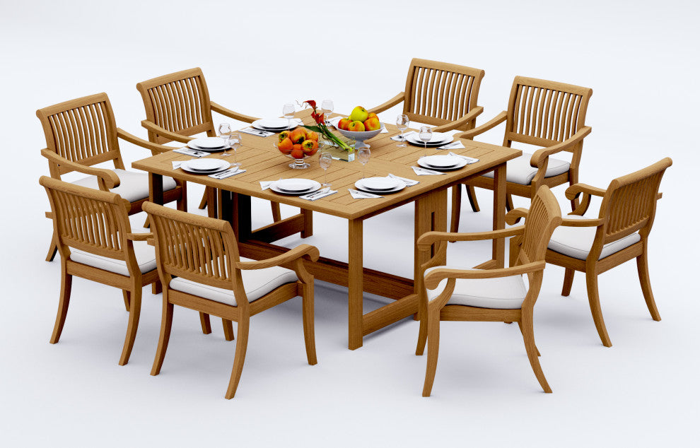 9-Piece Outdoor Teak Set: 60" Square Butterfly Table, 8 Arbor Stacking Arm Chair