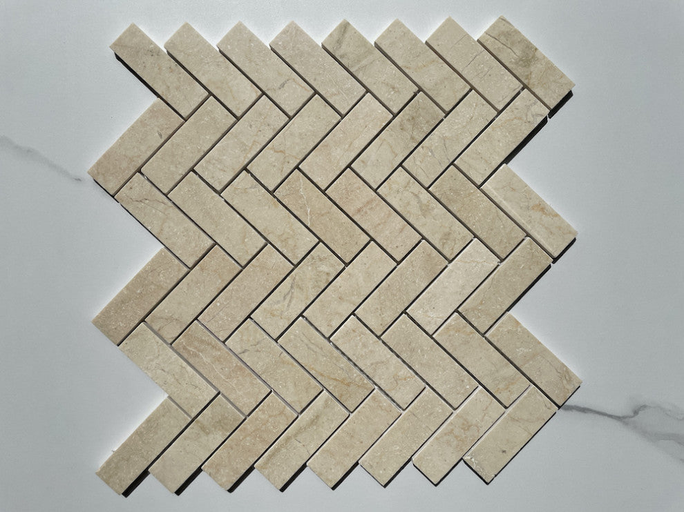 Crema Marfil Marble 1x3 Herringbone Mosaic Tile Polished, 1 sheet