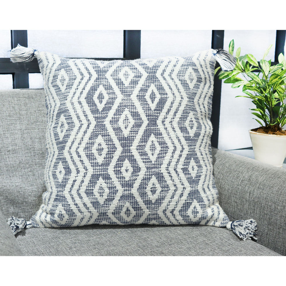 Blue & White Machine Woven with Tassels Dobson Throw Pillow, 20" x 20"
