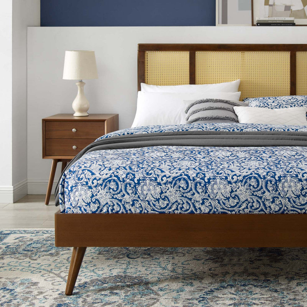 Platform Bed Frame, Full Size, Wood, Brown Walnut, Modern Mid-Century, Bedroom