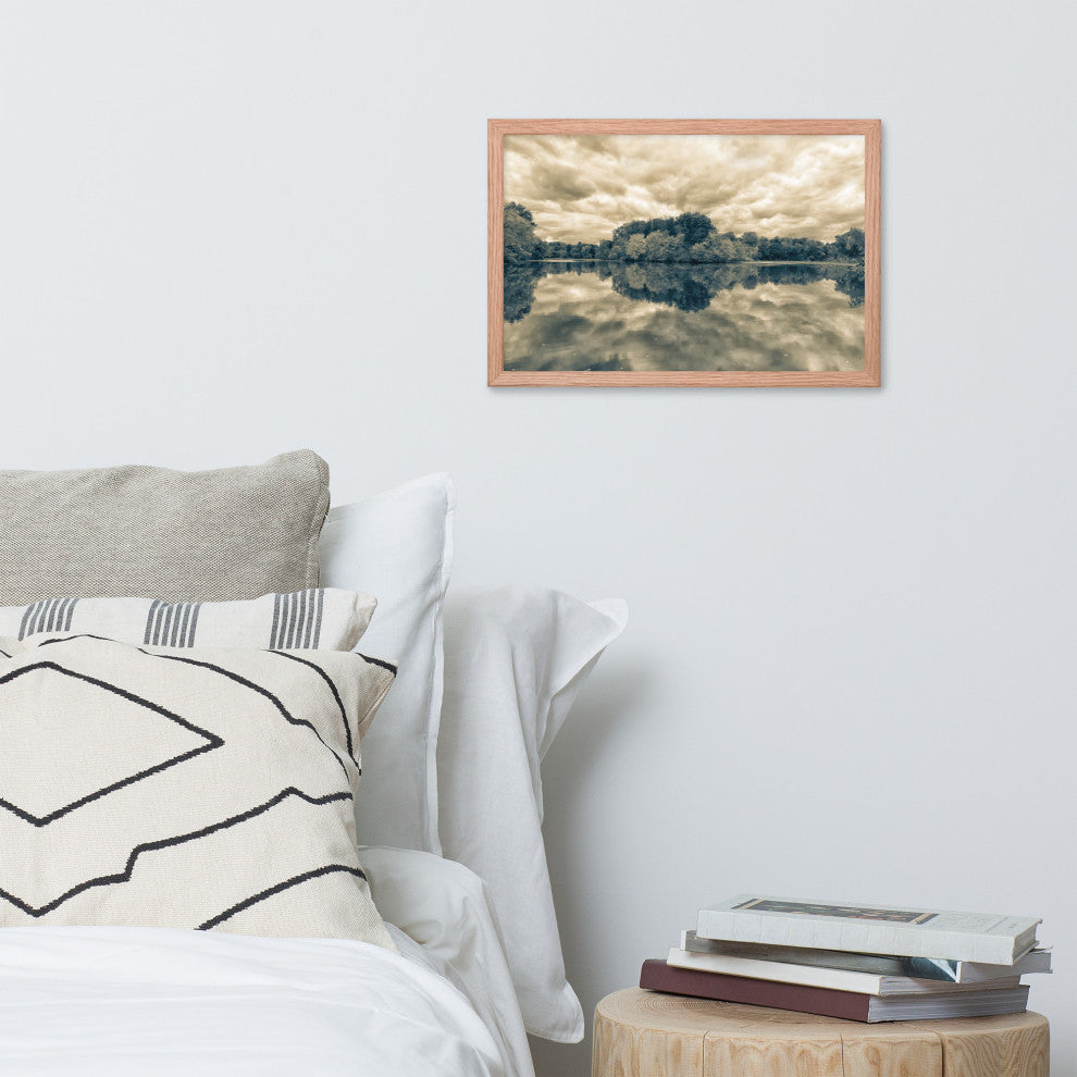 Autumn Reflections Rural Landscape Sepia Framed Photo Paper Wall Art Prints, Red Oak, 12" X 18"