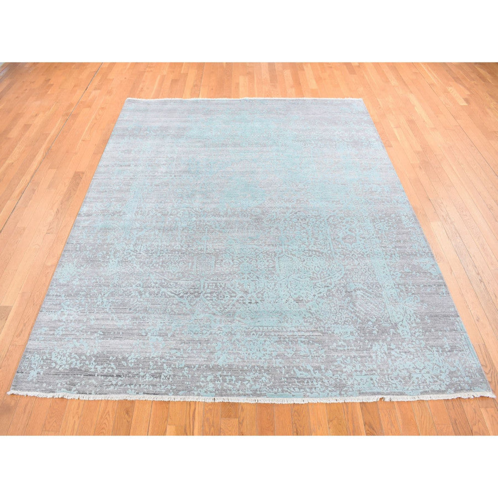 Sea Foam Green Wool and Silk Hand Knotted Broken Persian Design Rug 8'x10'