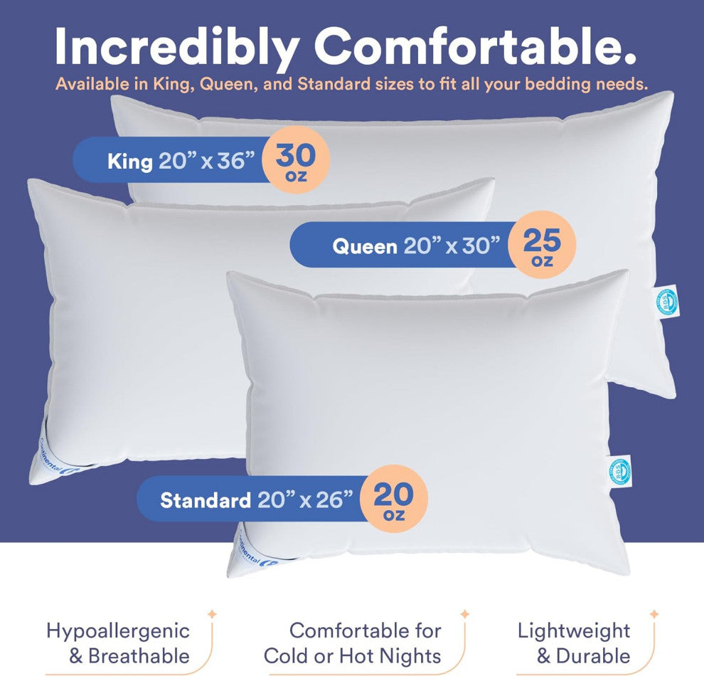 Continental Bedding - 550 Fill Power Down Pillow, Queen (1 Pack), Firm