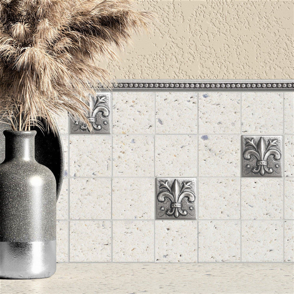 Fleur de Lis Metal Insert Tile Pewter 2"x2", Set of 8