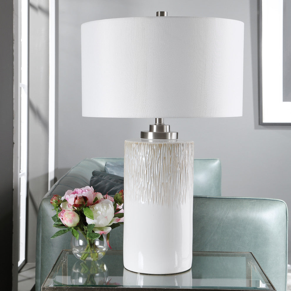 Modern Textured Ribbed White Cylinder Table Lamp, Beige Drip Elegant Ceramic