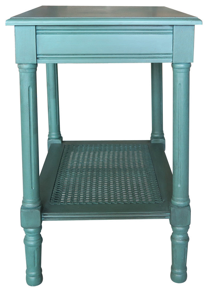 Jamestown Side Table with Rattan Shelf, Teal