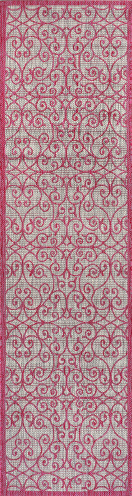 Madrid Vintage Filigree Textured Weave Indoor/Outdoor, Light Gray/Fuchsia, 2x10