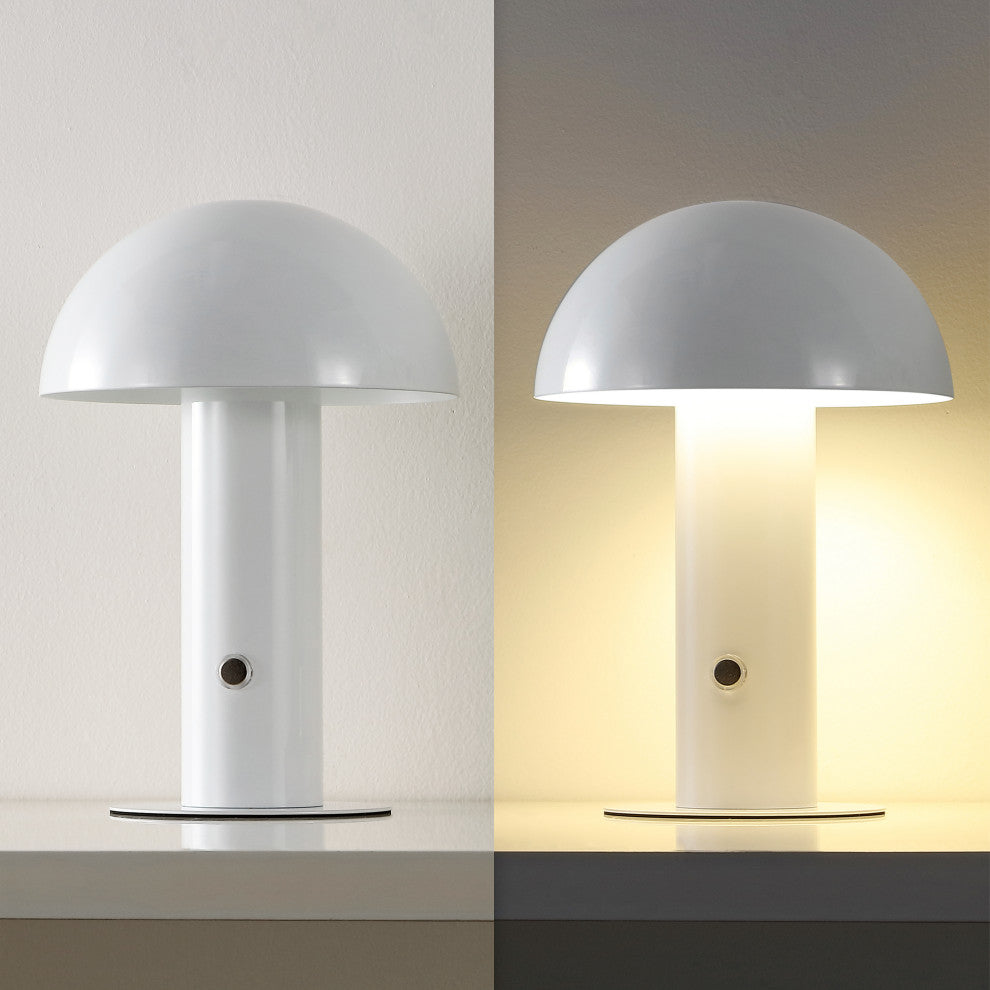 Boletus 10.75" Rechargeable/Cordless Iron Integrated Mushroom Table Lamp, White