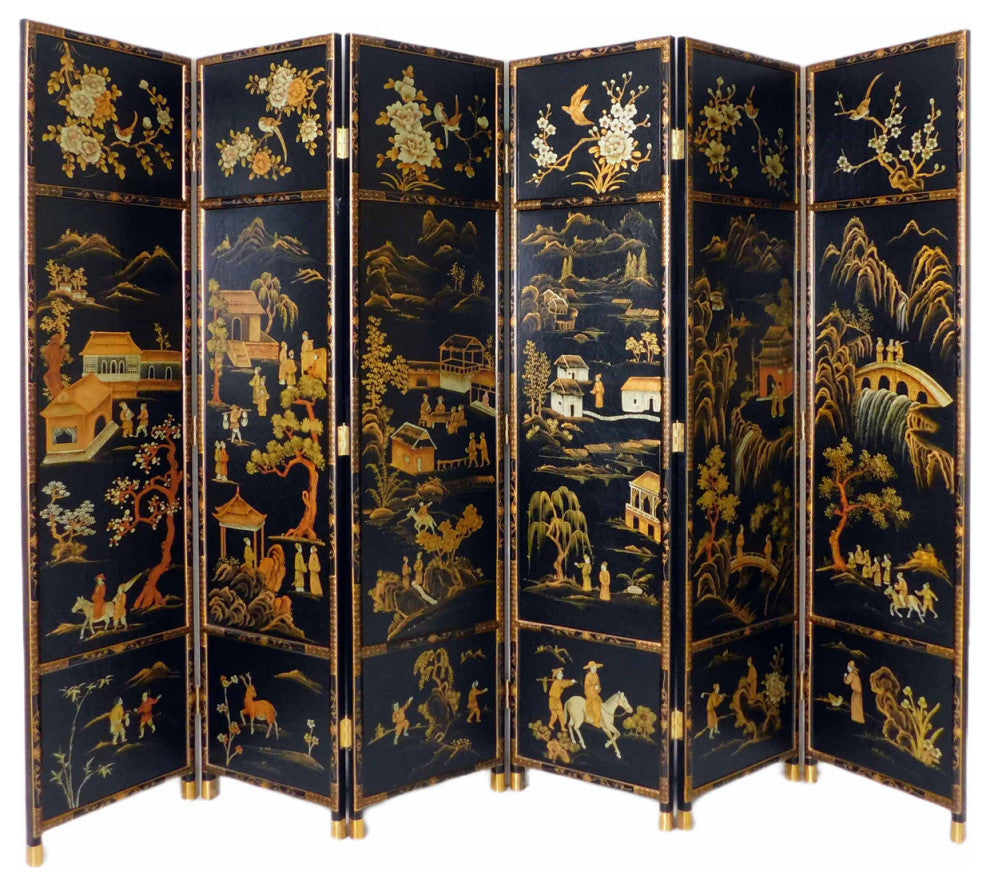 Oriental Folding Wooden Screen Chinese Landscape Painting, 6 Panels