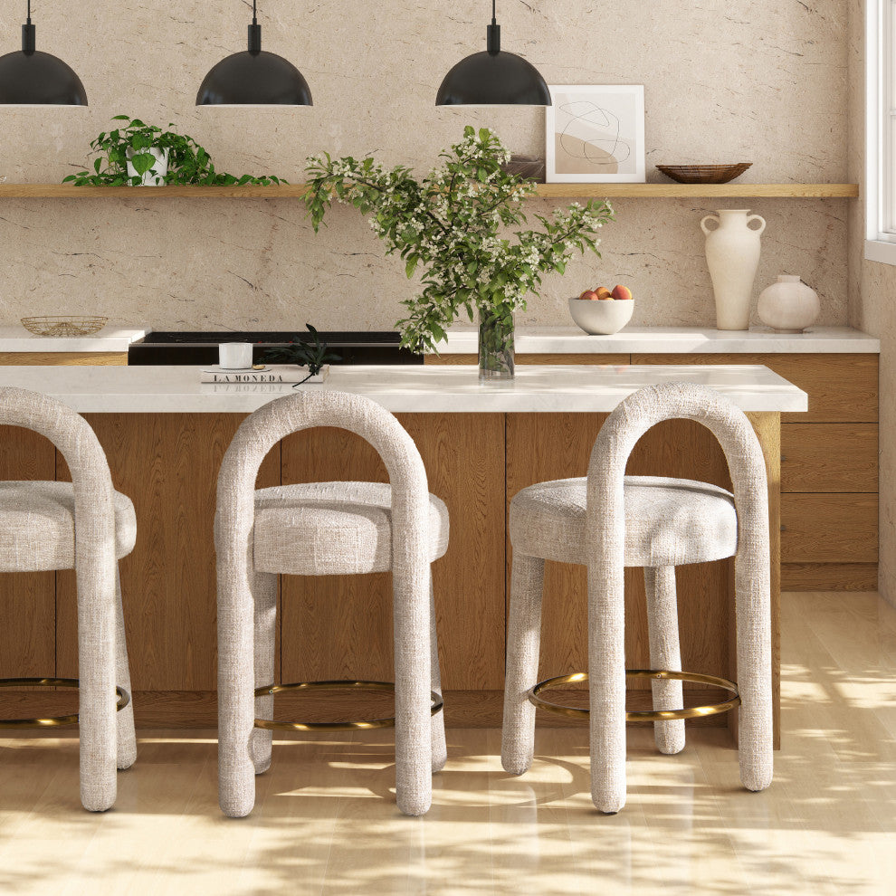 Penny 26.5" Round Arched Upholstered Counter Stool, Set of 2, Travertine Beige