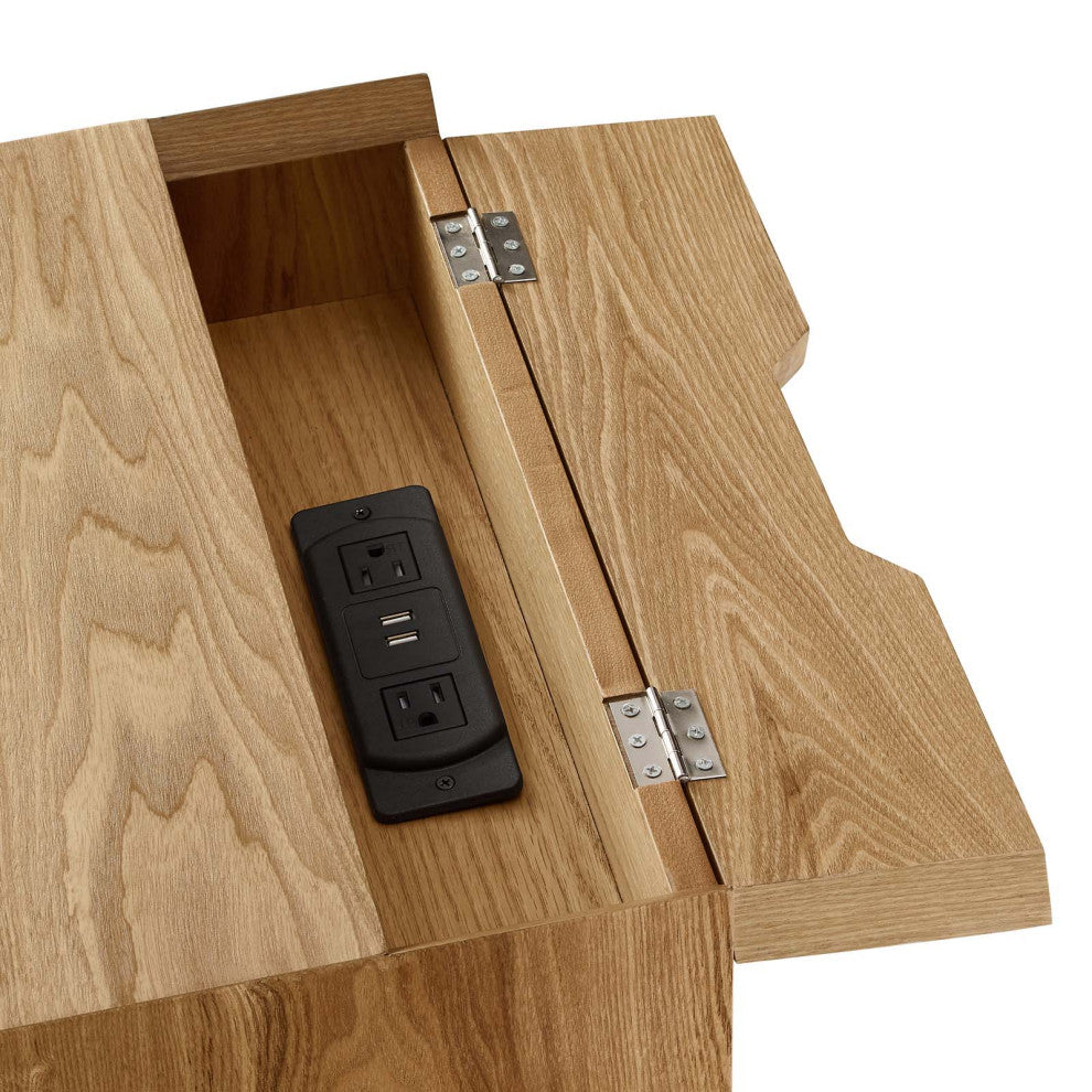 Nightstand Side End Table With USB, Wood, Brown Natural, Modern Living Room