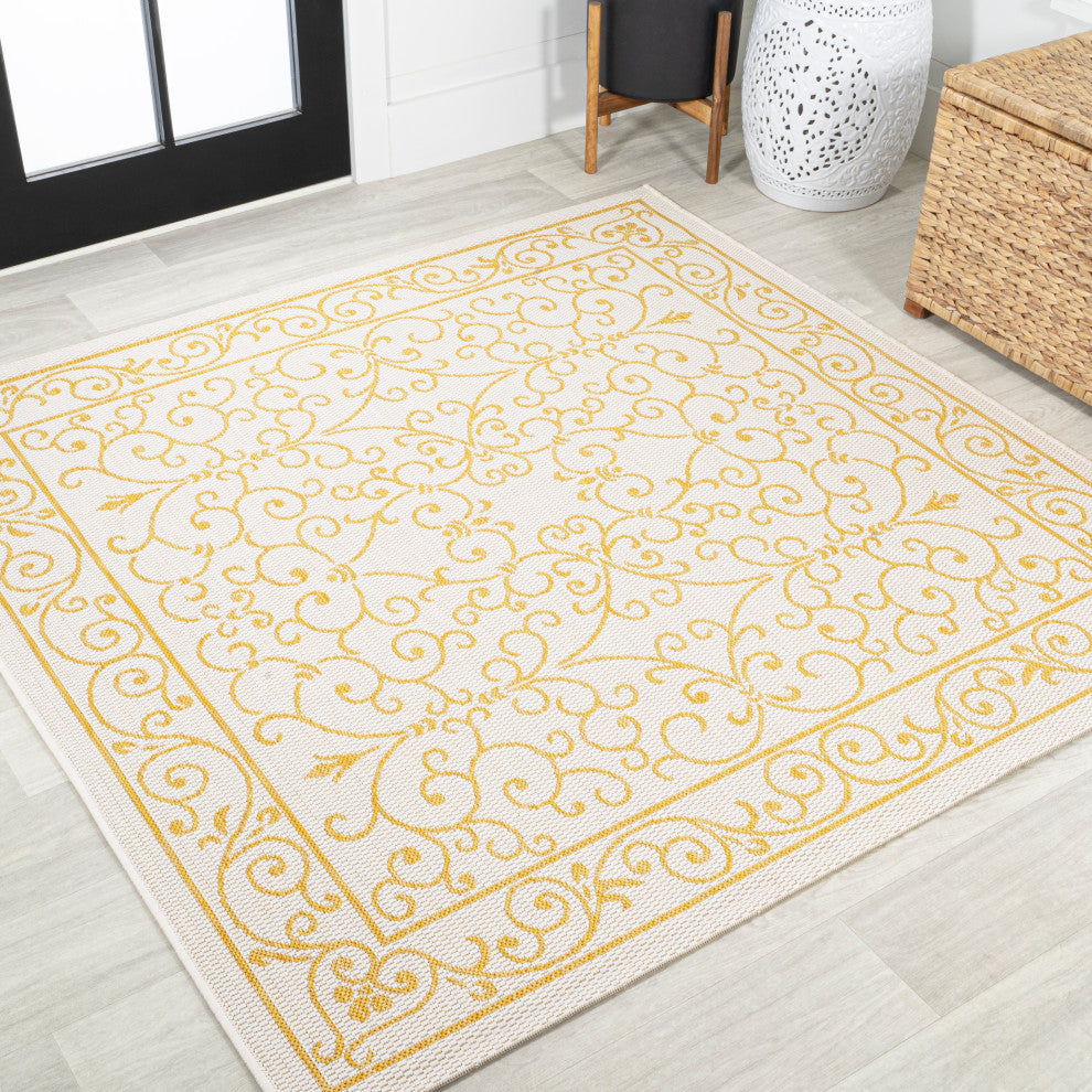 Charleston Filigree Textured Weave Indoor/Outdoor, Cream/Yellow, 5' Square