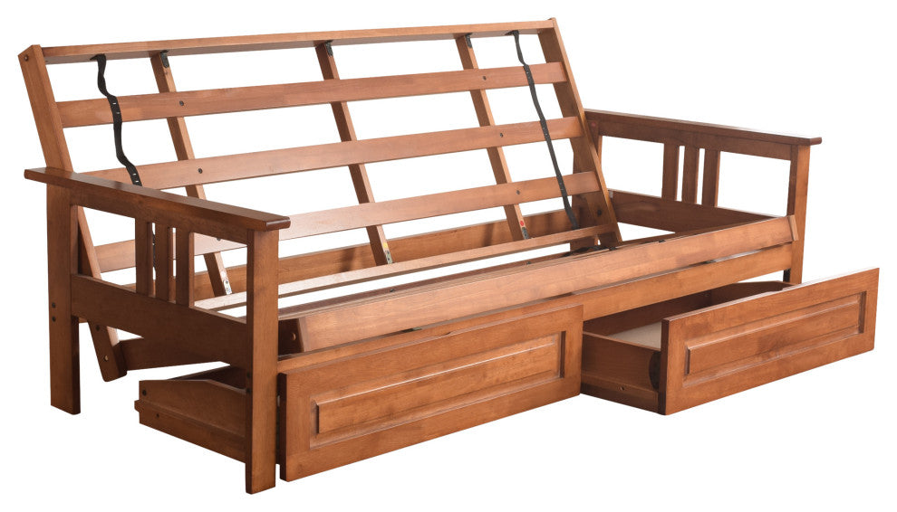 Caleb Frame Futon With Barbados Finish, Storage Drawers, Suede Blue