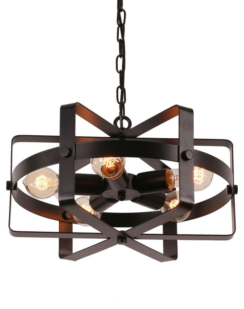 Drum Shape Round Metal Pendant with 5 Bulb Sockets, Antique Black