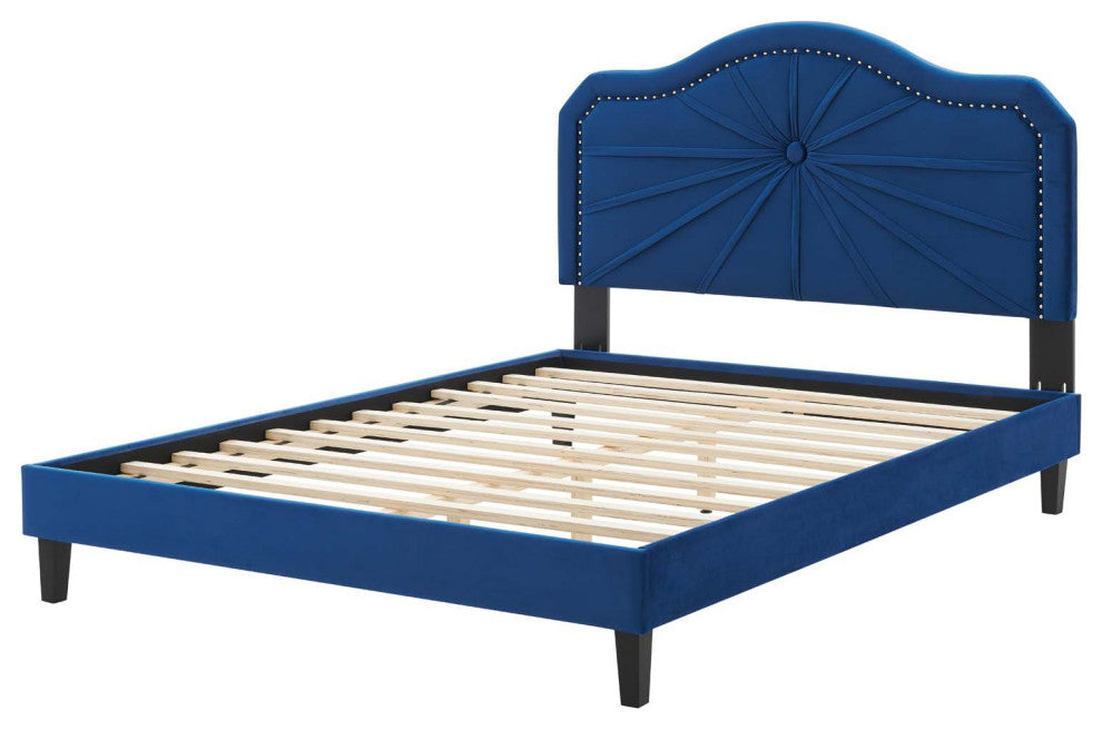 Platform Bed Frame, King Size, Velvet, Blue Navy, Modern Contemporary, Bedroom