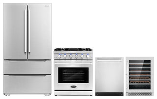 4 Piece, 30" Gas Range 24" Dishwasher, Refrigerator & Wine Refrigerator