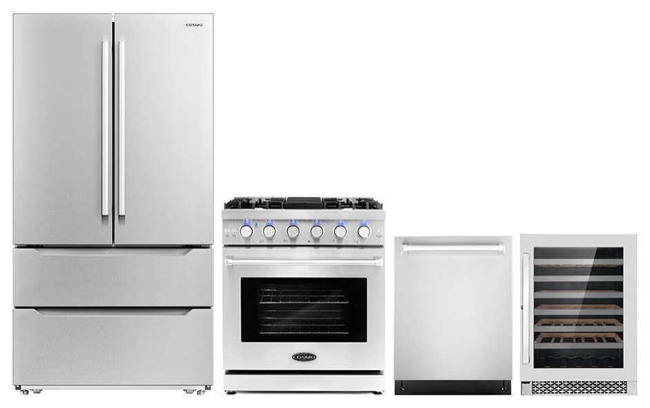 4 Piece, 30" Gas Range 24" Dishwasher, Refrigerator & Wine Refrigerator