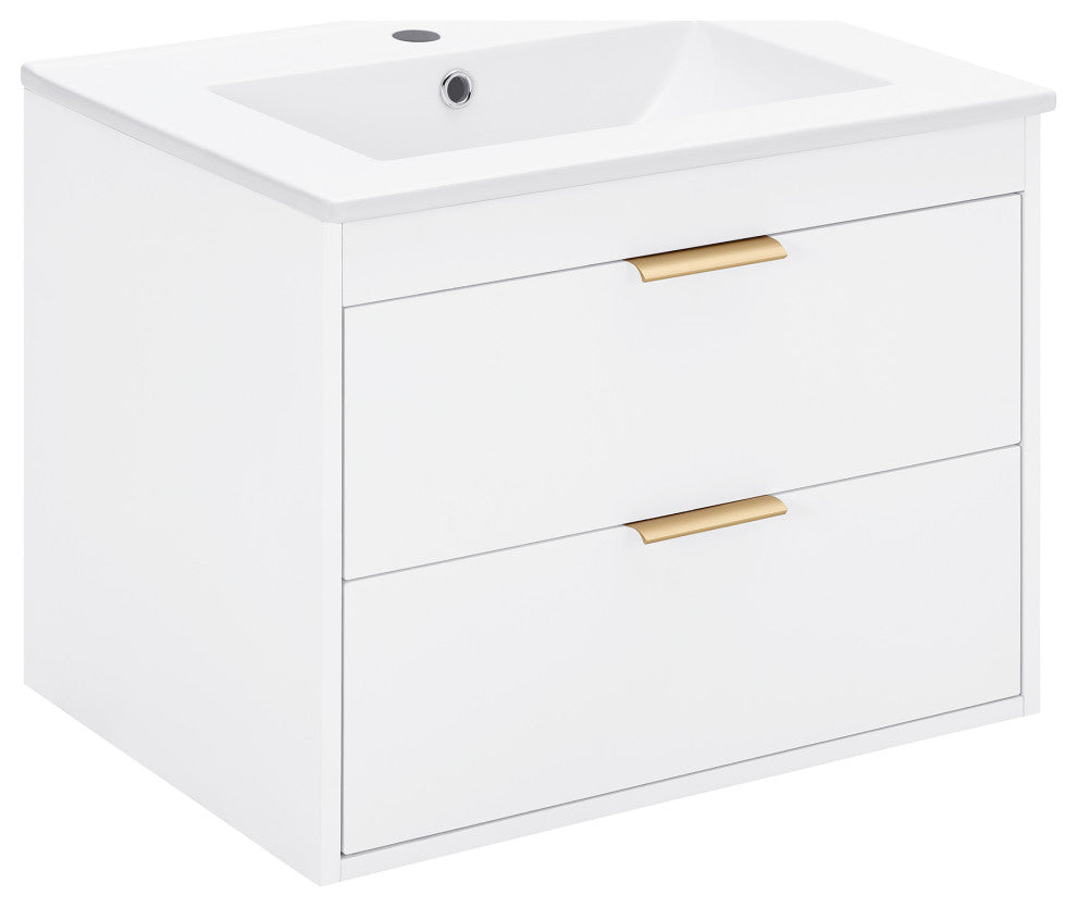 24" MDF Wall Mounted Bath Vanity, Integrated Ceramic Sink, White
