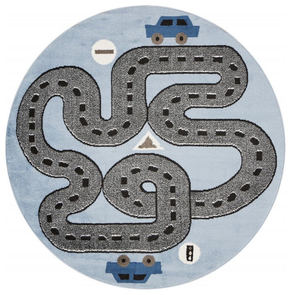 5??Round Blue Imaginative Racetrack Area Rug
