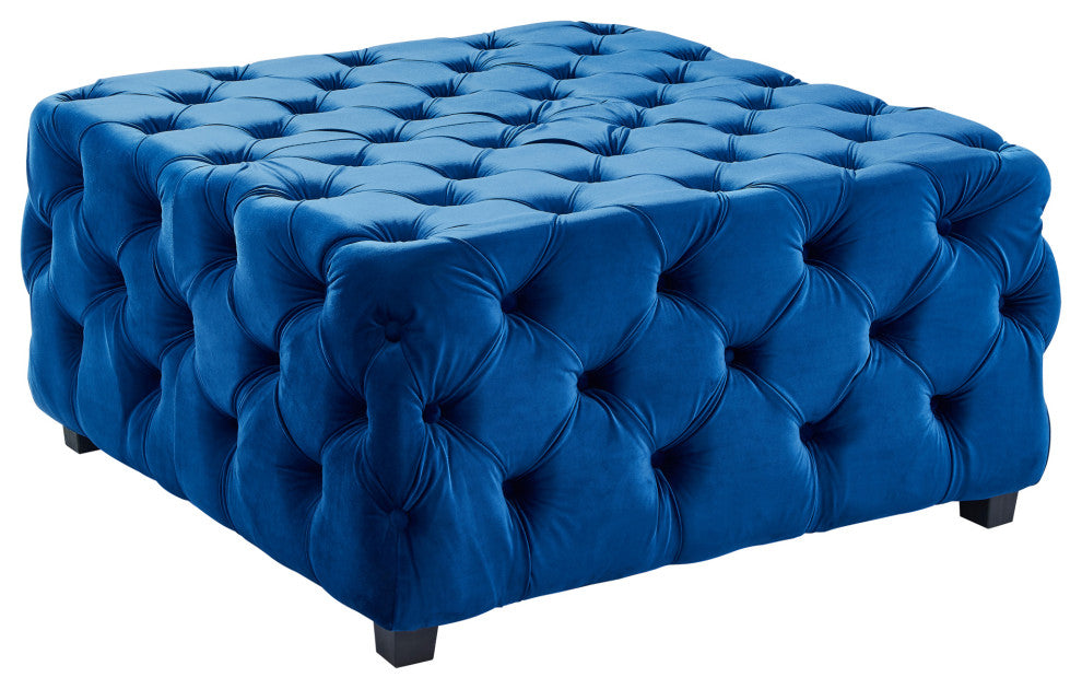Taurus Contemporary Ottoman In Blue Velvet, Wood Legs