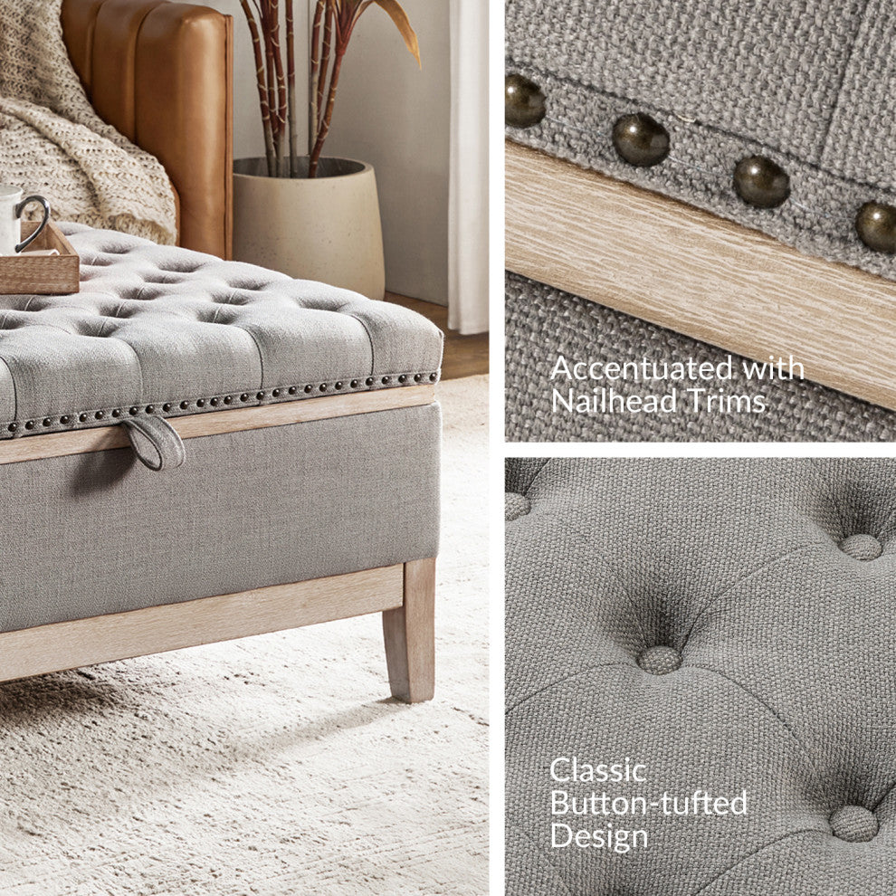 Upholstered Storage Cocktail Ottoman With Solid Wood Legs, Gray