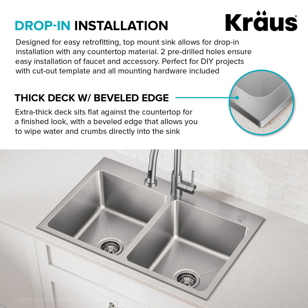 KRAUS Fairlane 33" Drop, / Top Mount 2-Bowl Stainless Steel Kitchen Sink