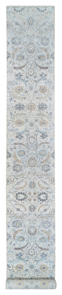 Ivory Silk With Wool Hand Knotted Sickle Leaf Design XL Runner Rug, 2'6"x18'1"