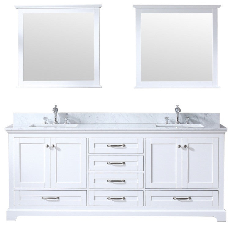 80" White Double Vanity, White Carrara Marble Top, White Sinks and 30" Mirrors