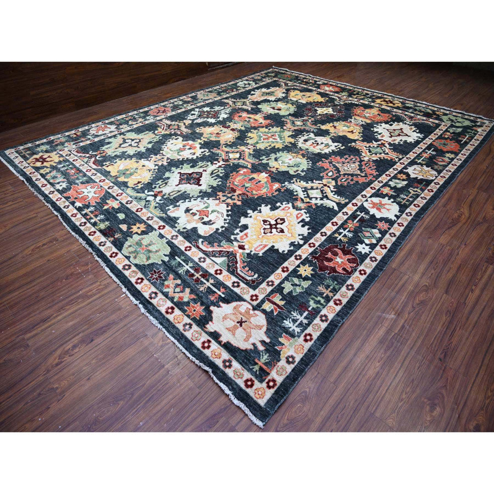 Black Wool Hand Knotted Afghan Angora Oushak Oversized Rug 11'9"x14'7"