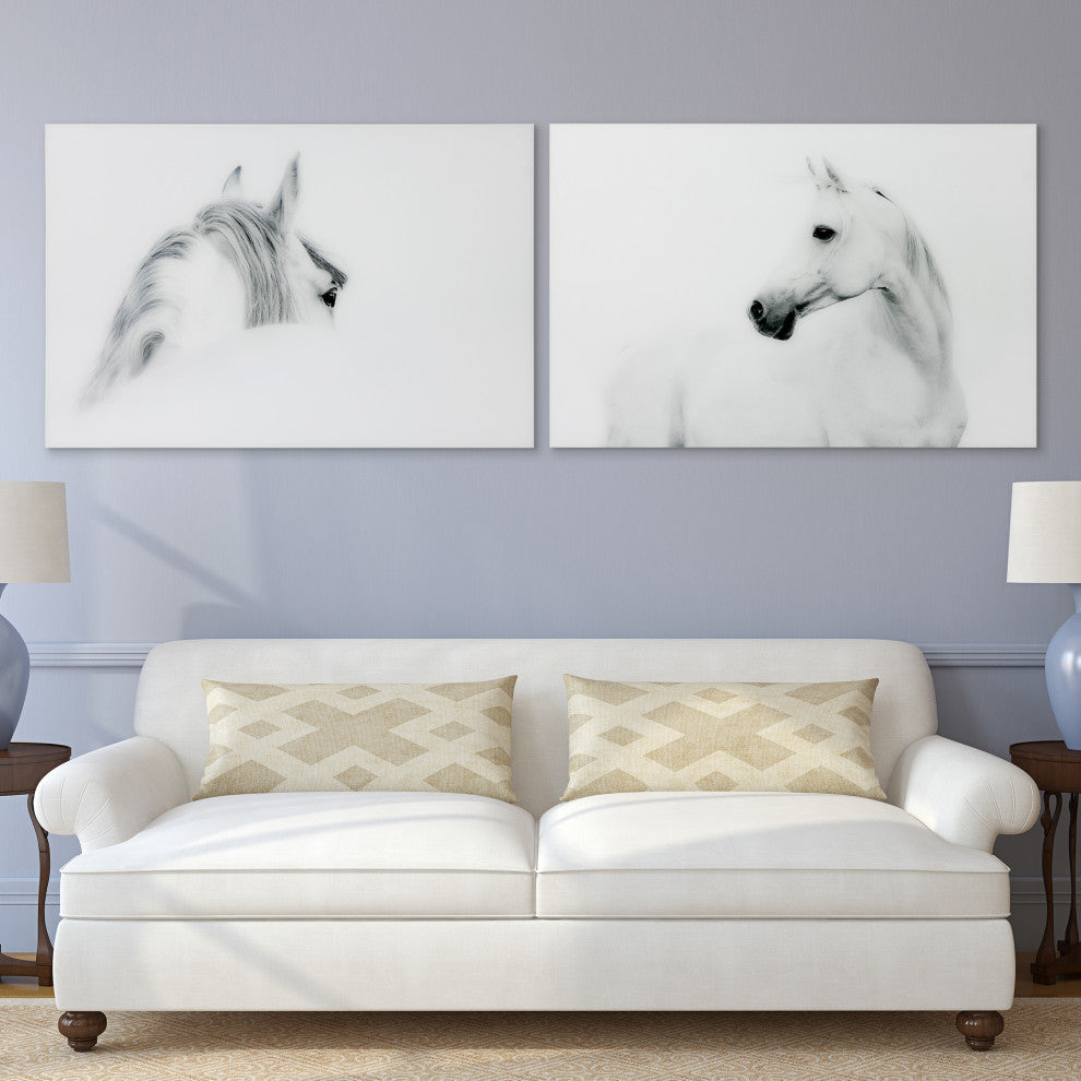 White Horse Wall Art Frameless Free Floating Tempered Glass Panel Set of 2
