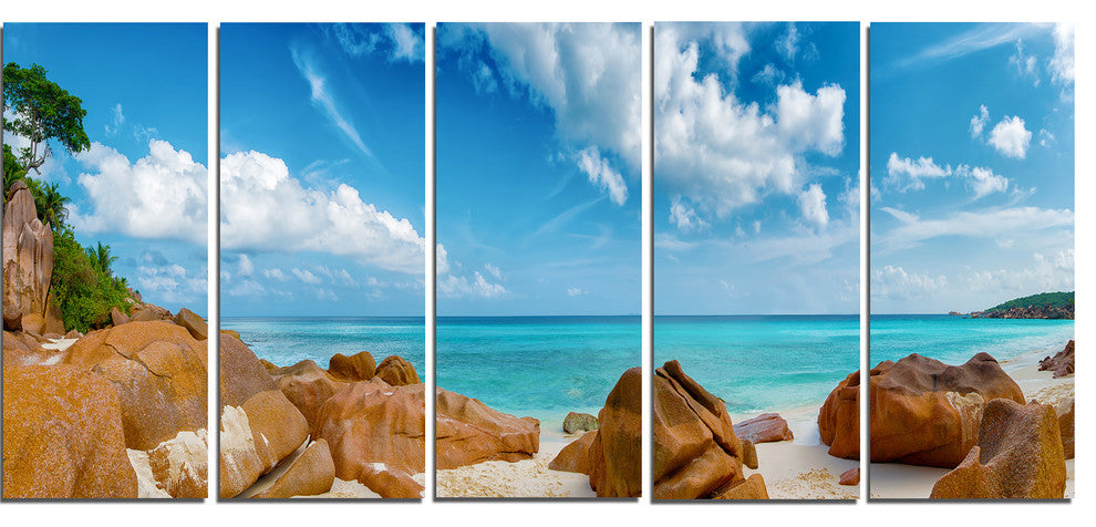"Rocky Seychelles Island Panorama" Oversized Beach Wall Art, 5 Panels, 60"x28"