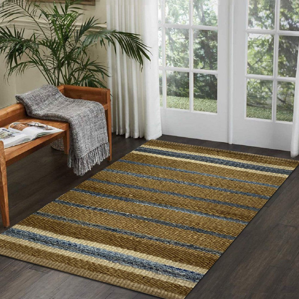 5" x 7" Tan and Blue Striped Area Rug