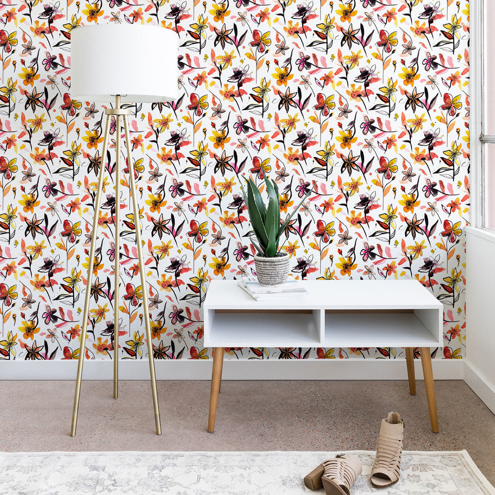 Deny Designs Ninola Design Yellow Ink Flowers Wallpaper, White, 2'x4'