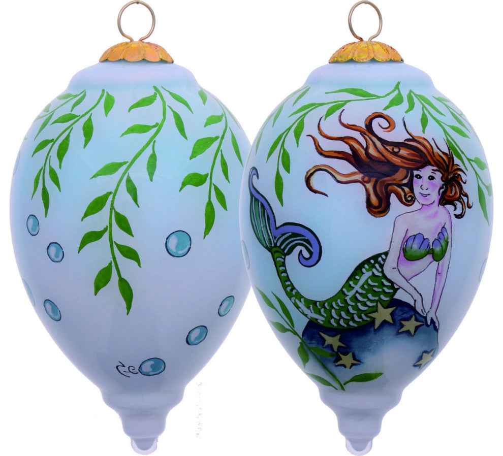 Green Mermaid Hand Painted Mouth Blown Glass Ornament
