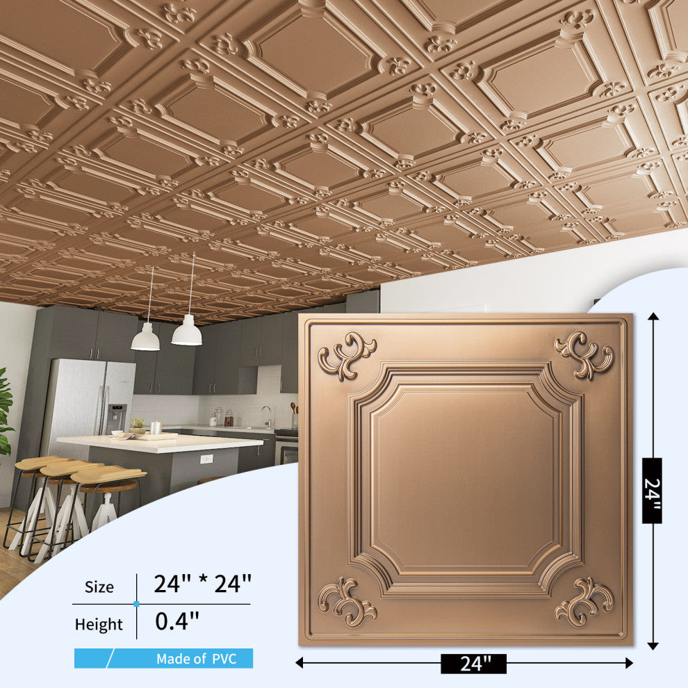 Drop Ceiling Tiles 24x24inch (12-Pack, 48 Sq.ft), Wainscoting Panels Glue Up 2x2, Bronze