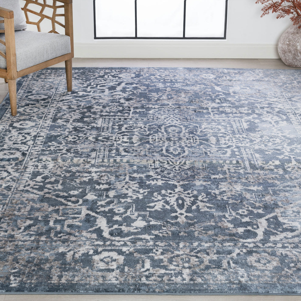 Cinda Traditional Oriental Blue Rectangle Area Rug, 9' x 12'