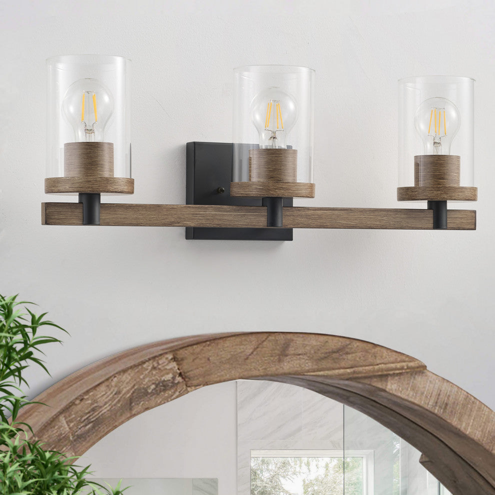 Farmhouse 3-Light Vanity Light Over Mirror With Clear Glass Shade, Brown