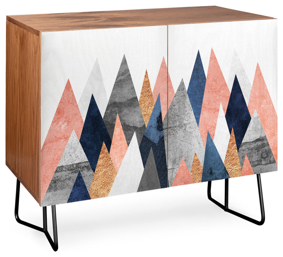 Deny Designs Pink and Navy Peaks Credenza, Walnut, Black Steel legs